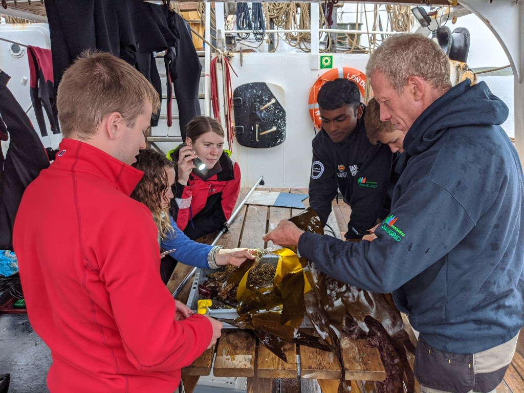 Dr Rohan Holt sharing samples from a kelp forest for inspection by young scientists aboard the Pelican of London during the Darwin200 voyage in summer 2020