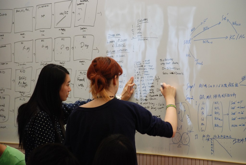 Students working out results of a food web study at Kadoorie Research Centre, University of Hong Kong.