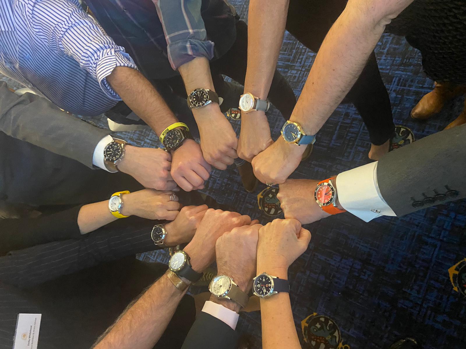 Expeditin Team sports their new Elliot Brown watches at pre-departure event on HQS Wellington