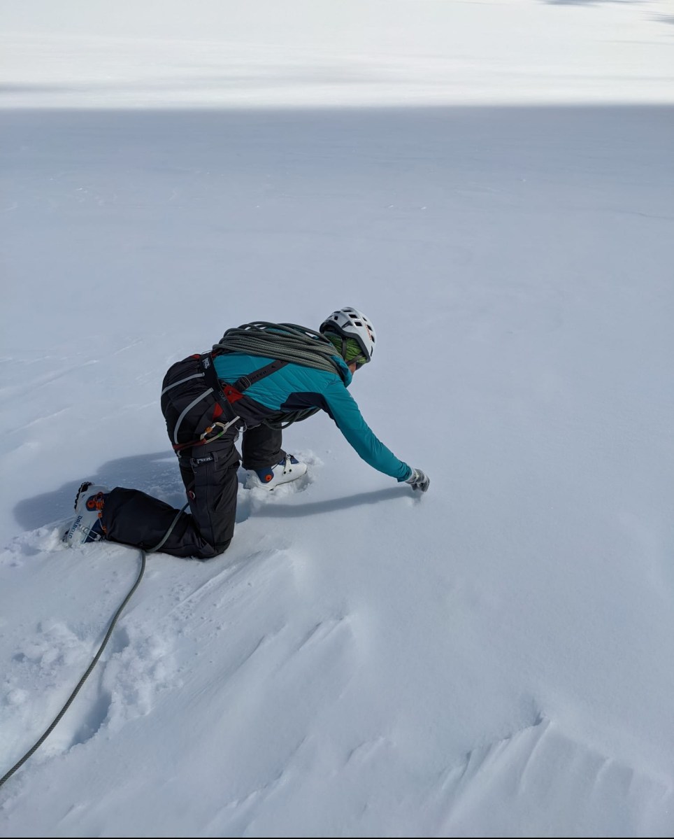 Cat Cameron following careful procedure to take snow samples for metal analysis by scientists at the University of Plymouth, UK