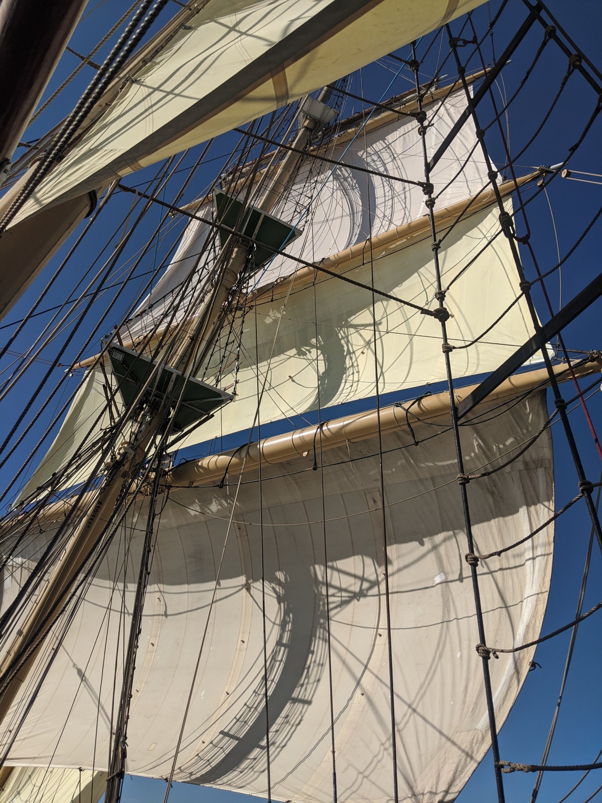 Square sails set on Pelican of London