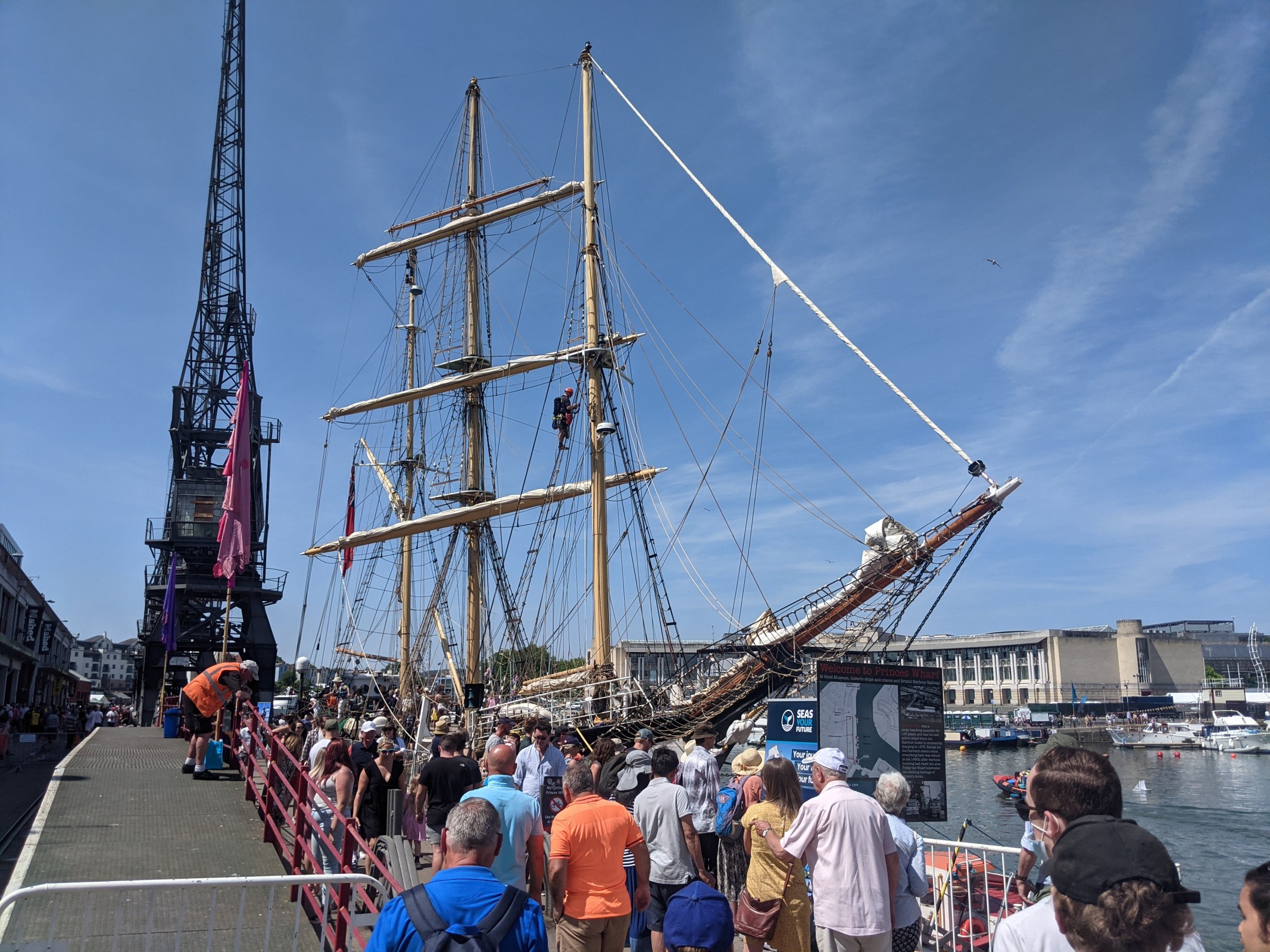 Brilliant sunshine and Pelican looks fabulous with neatly stowed square sails at Bristol Harbour Festival