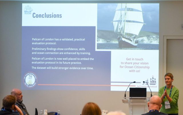 Dr Charlotte Braungardt, Pelican of London Head of Science, presents at the Sail Training International Conference in Bordeaux, 24/01/26. Image credit: Kris Romański