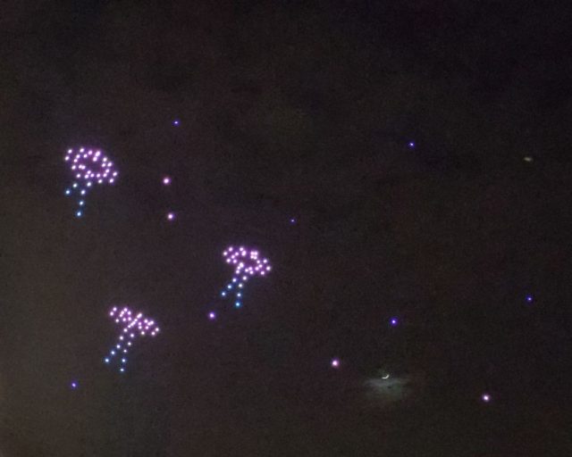 Creatures of the deep in the sky during a drone display by Dronisos in Bordeaux, Jan 26