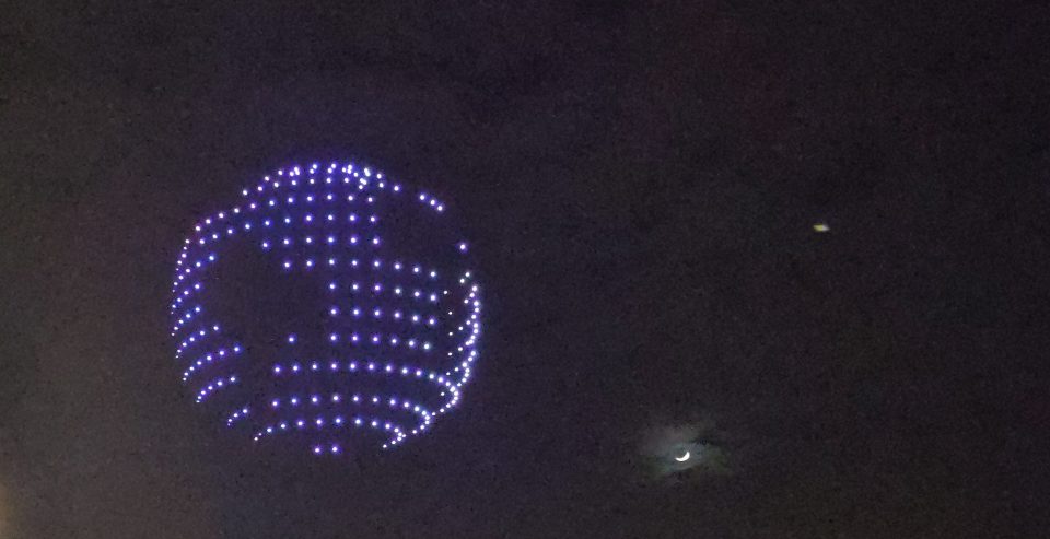 Drones in the sky of Bordeaux displaying Earth in a display by Dronisos