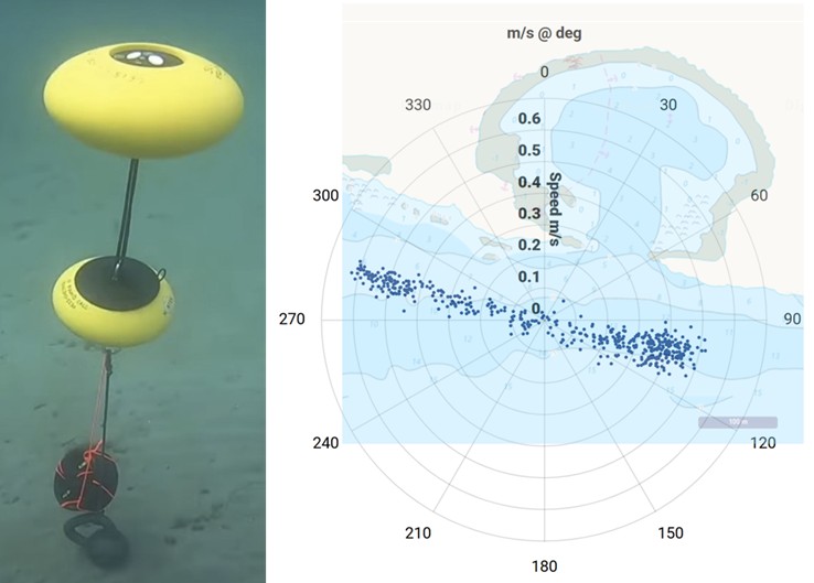 Nortek ECO acoustic Doppler current profiler (left) and data collected at 7 m water depth (right) overlaid to show directional alignment with coastal features.