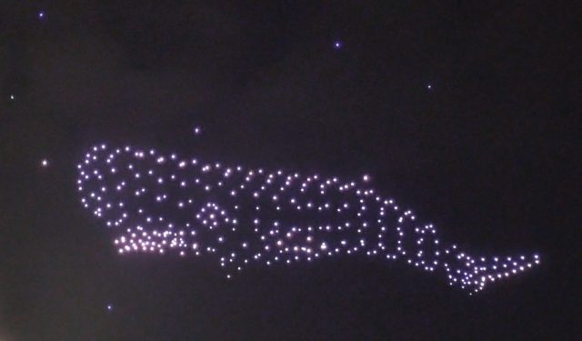 Spermwhale in the sky during a drone display by Dronisos in Bordeaux, Jan 26