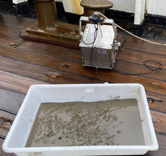 Tray of sediment obtained with a grab sampler on the deck of Pelican of London in Scotland 2025.