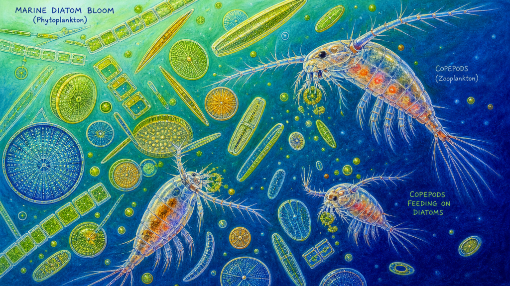 Marine algae (diatoms) and zooplankton (copepods). Drawing generated with Cyberlink Power Director 365.